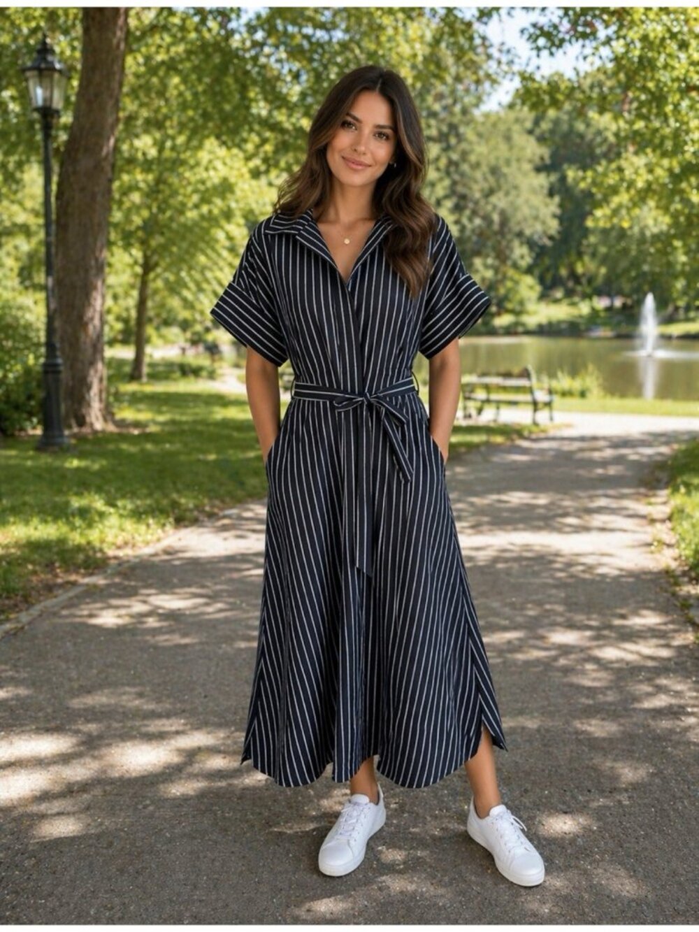 Elan Black White Stretch Cotton Shirt Maxi Dress Women's L Pockets Belt NEW